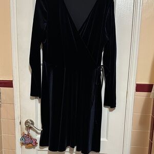 Dark Navy Velvet Faux Wrap Dress with Long Sleeves